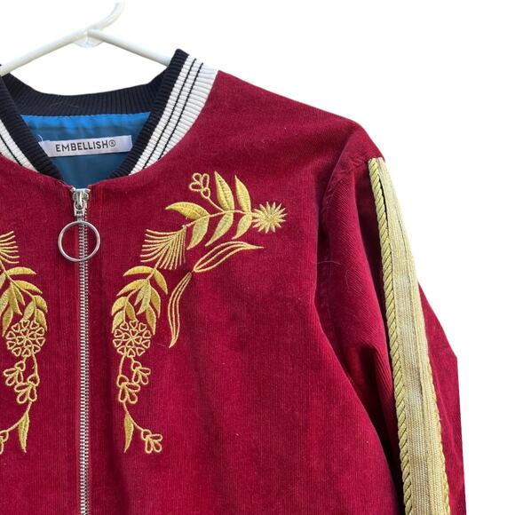 Embellish NYC Red Corduroy Varsity Jacket Full Zip Embroidered Men Small - Picture 2 of 11